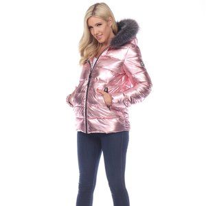 White Mark Pink Metallic Puffer Coat with Fur